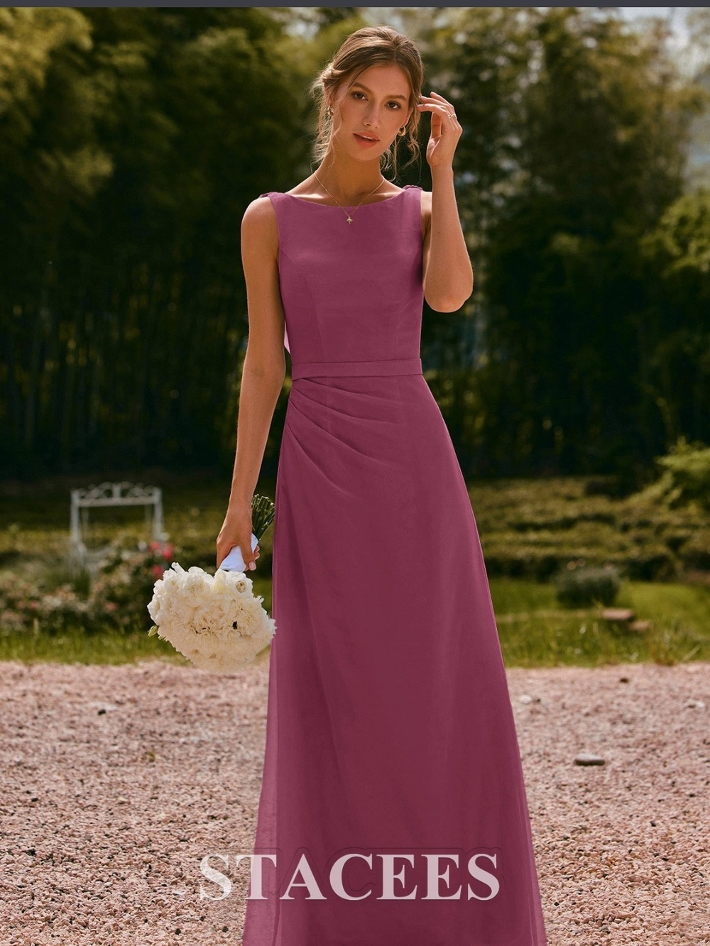 Stacees Sheath Bateau Cowl Back Chiffon Floor-Length Bridesmaid Dress with Pleat